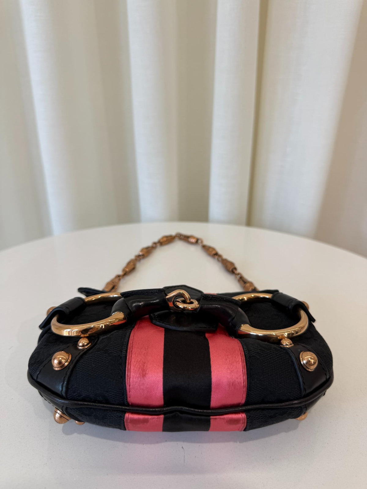 Gucci by Tom Ford Black GG Canvas Horsebit Chain Pink Stripe