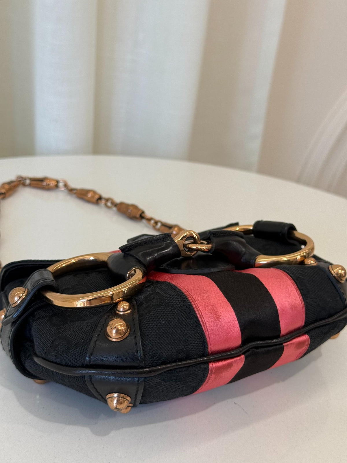 Gucci by Tom Ford Black GG Canvas Horsebit Chain Pink Stripe