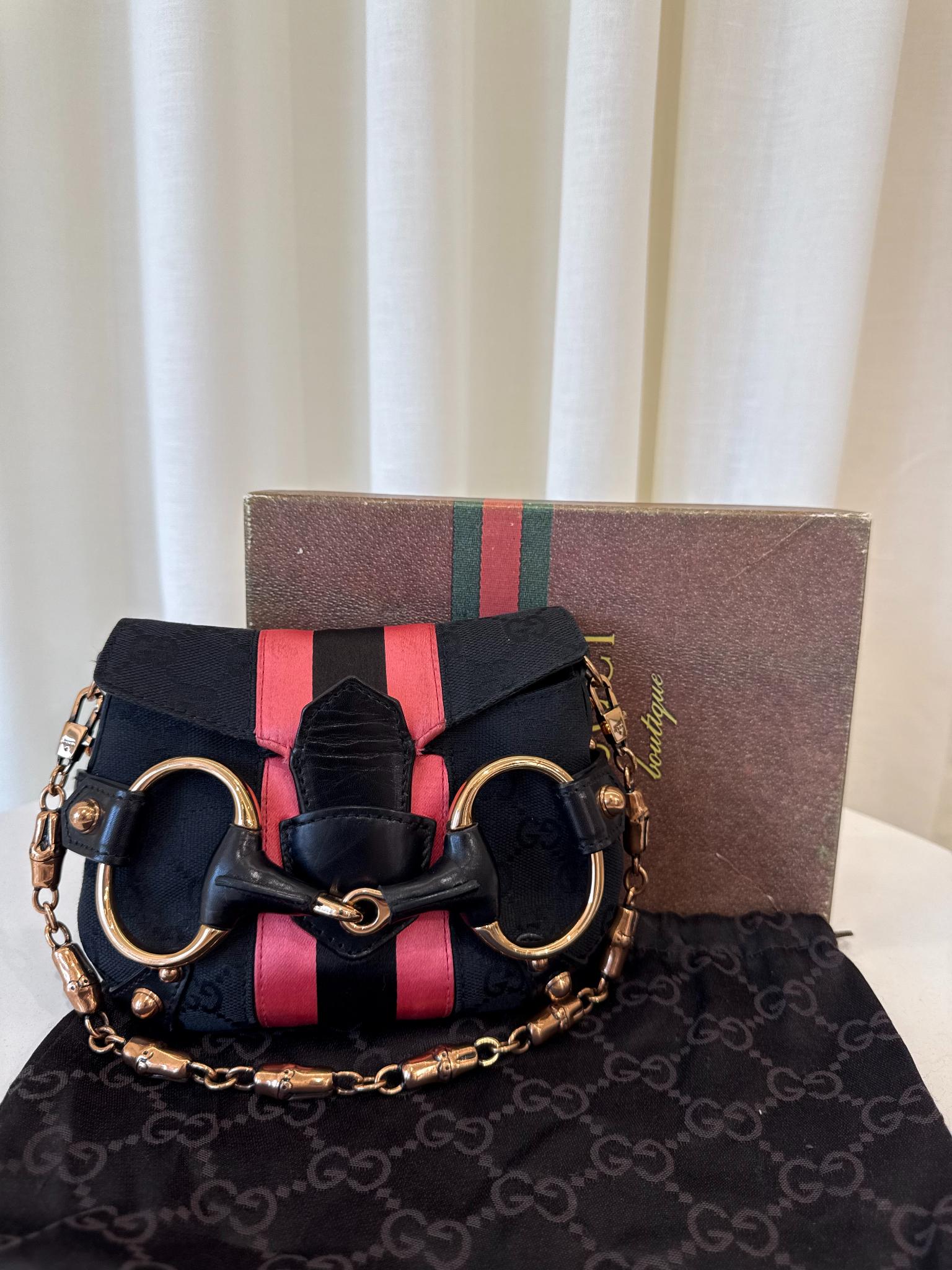 Gucci by Tom Ford Black GG Canvas Horsebit Chain Pink Stripe