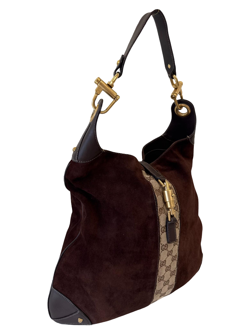Gucci Vintage Jackie Dark Brown Suede GG Canvas Stripe Piston Lock Hobo Bag
