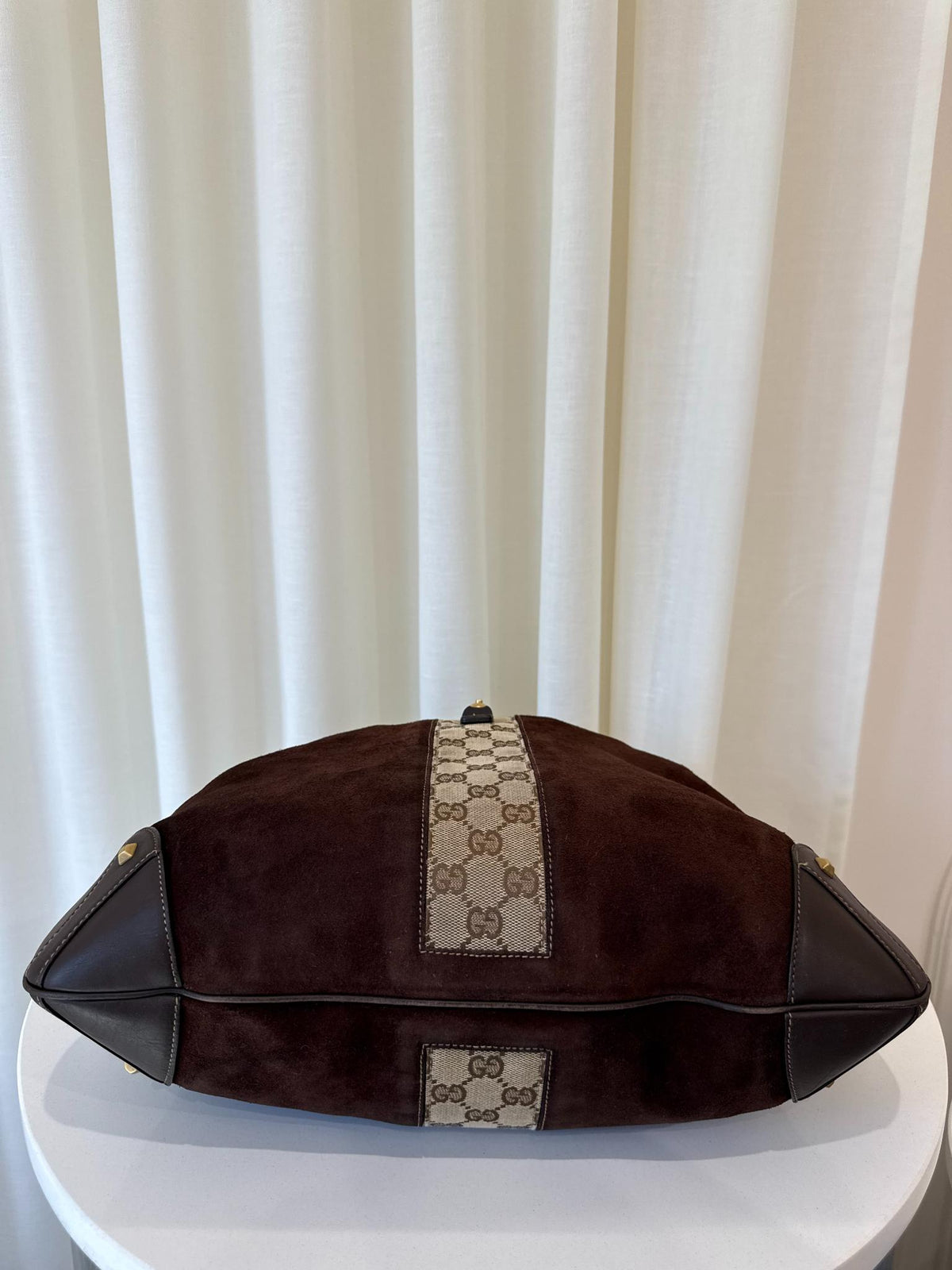 Gucci Vintage Jackie Dark Brown Suede GG Canvas Stripe Piston Lock Hobo Bag