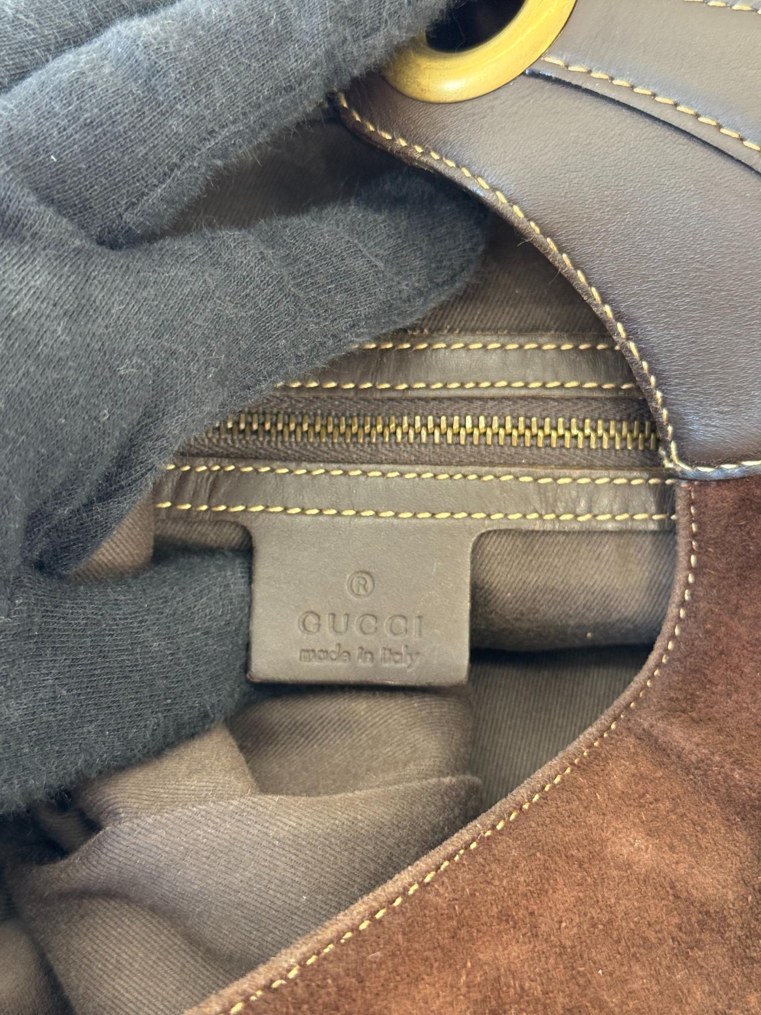 Gucci Vintage Jackie Dark Brown Suede GG Canvas Stripe Piston Lock Hobo Bag