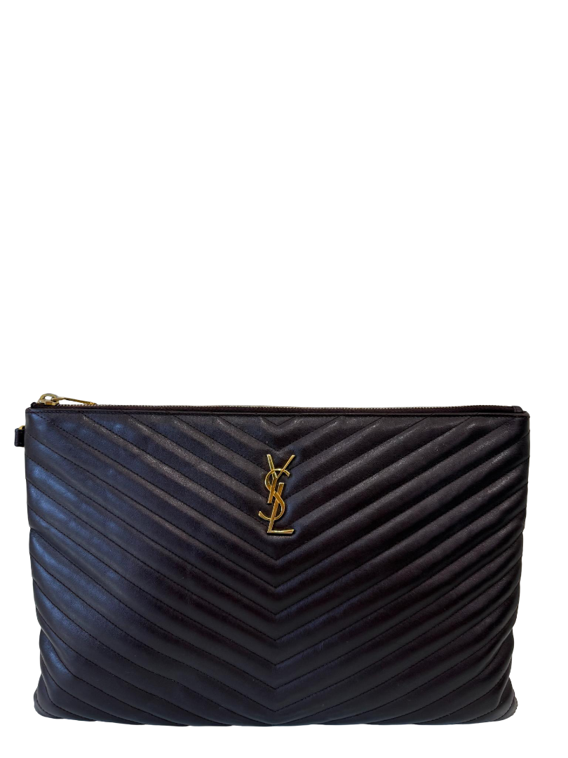Saint Laurent Calfskin Matelasse Burgundy Chevron Monogram Clutch