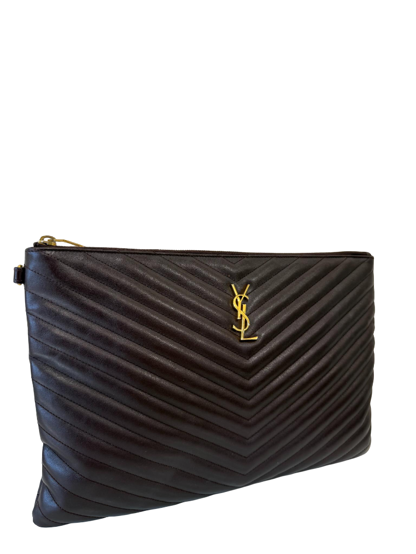Saint Laurent Calfskin Matelasse Burgundy Chevron Monogram Clutch