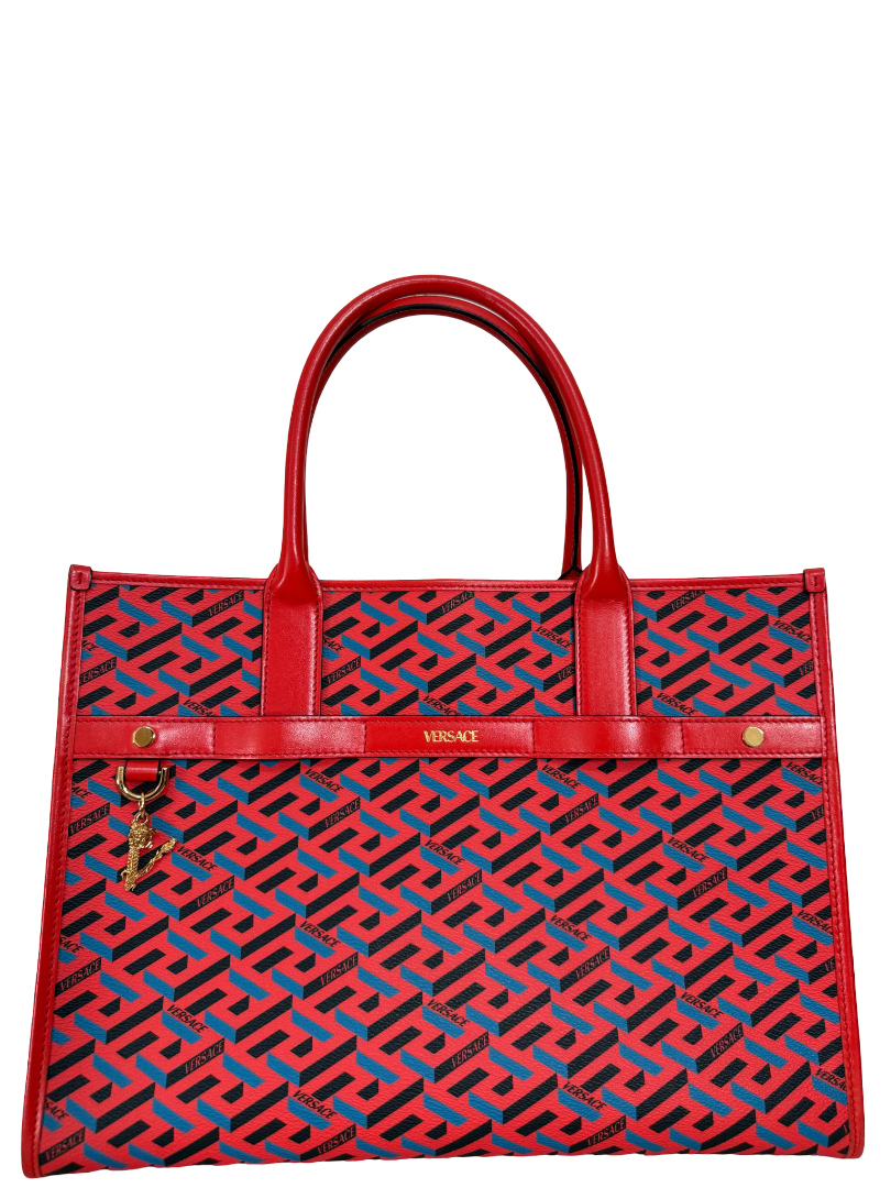 Versace Blue/Red Coated Canvas Calfskin La Greca Signature Tote Bag