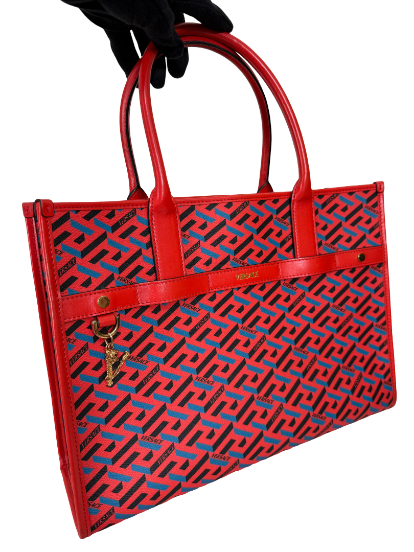 Versace Blue/Red Coated Canvas Calfskin La Greca Signature Tote Bag