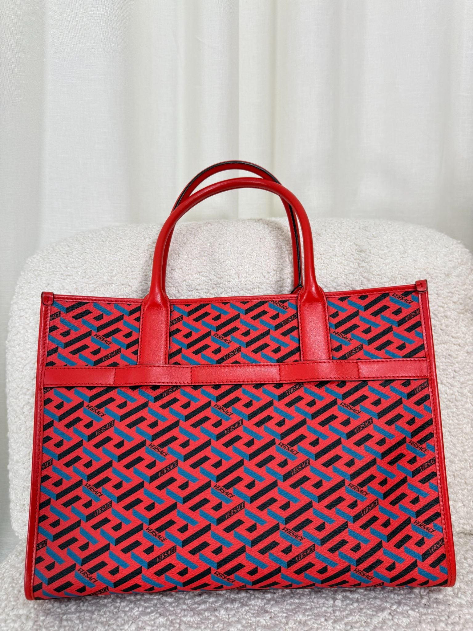 Versace Blue/Red Coated Canvas Calfskin La Greca Signature Tote Bag
