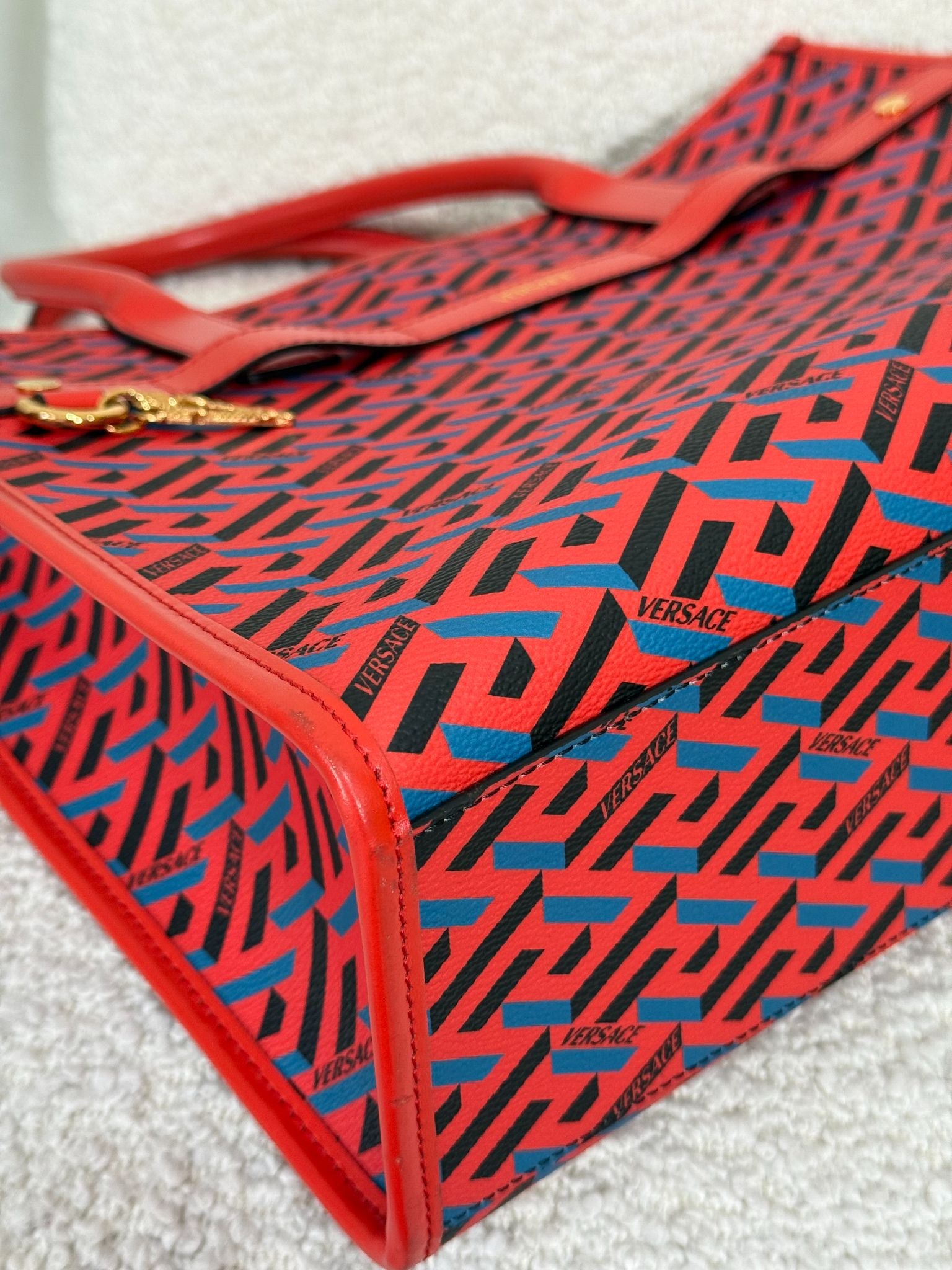 Versace Blue/Red Coated Canvas Calfskin La Greca Signature Tote Bag