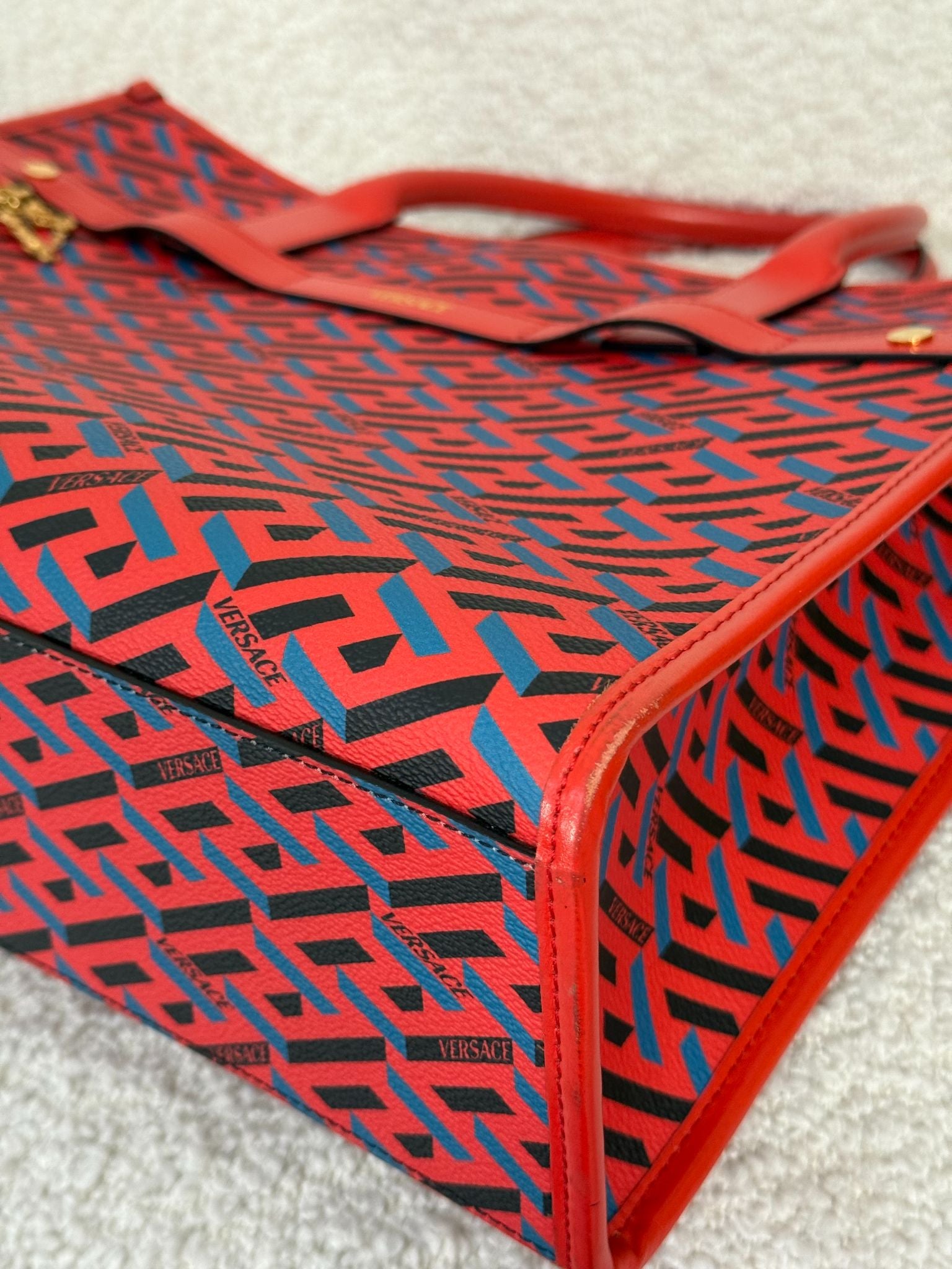 Versace Blue/Red Coated Canvas Calfskin La Greca Signature Tote Bag