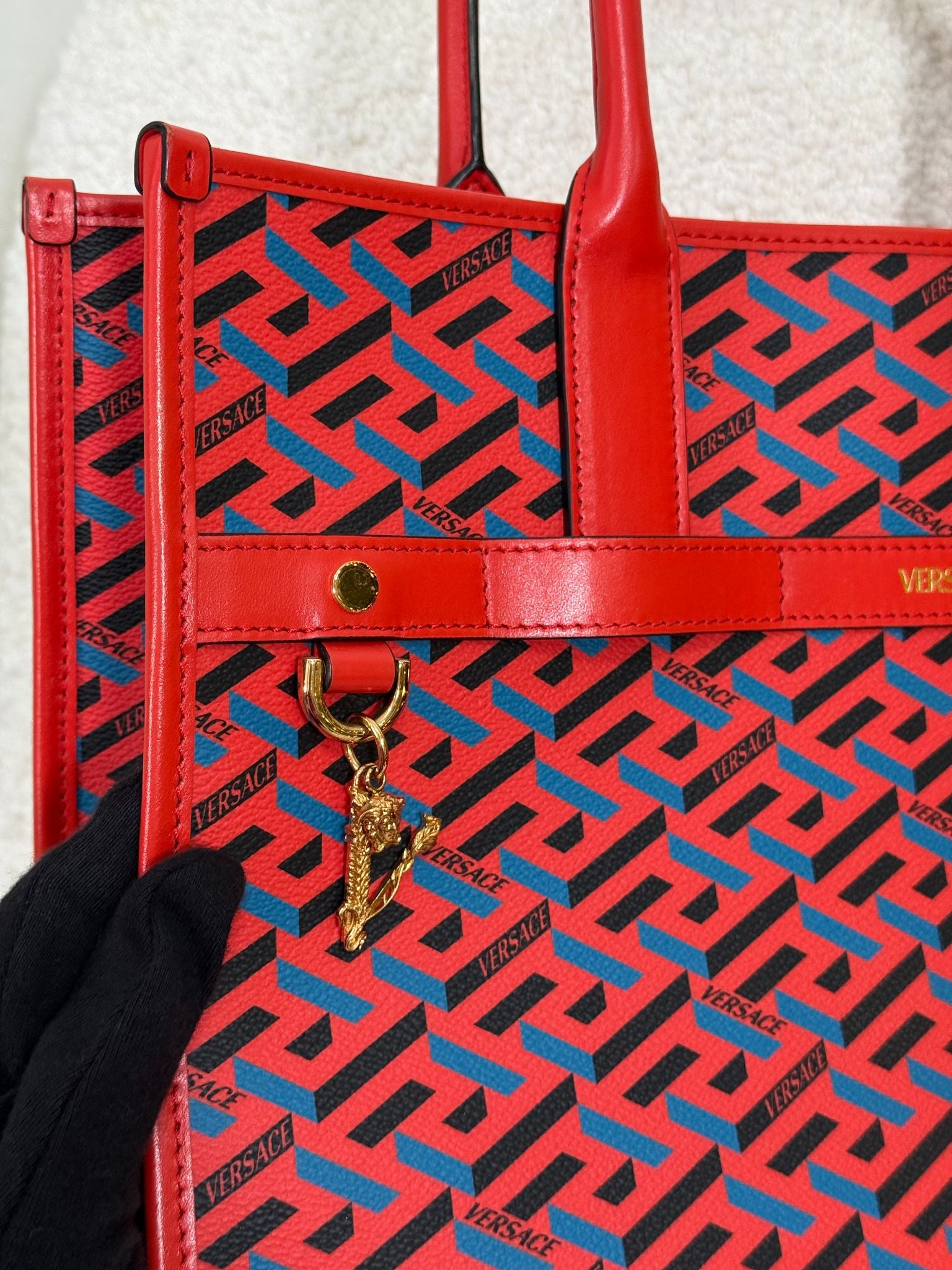 Versace Blue/Red Coated Canvas Calfskin La Greca Signature Tote Bag