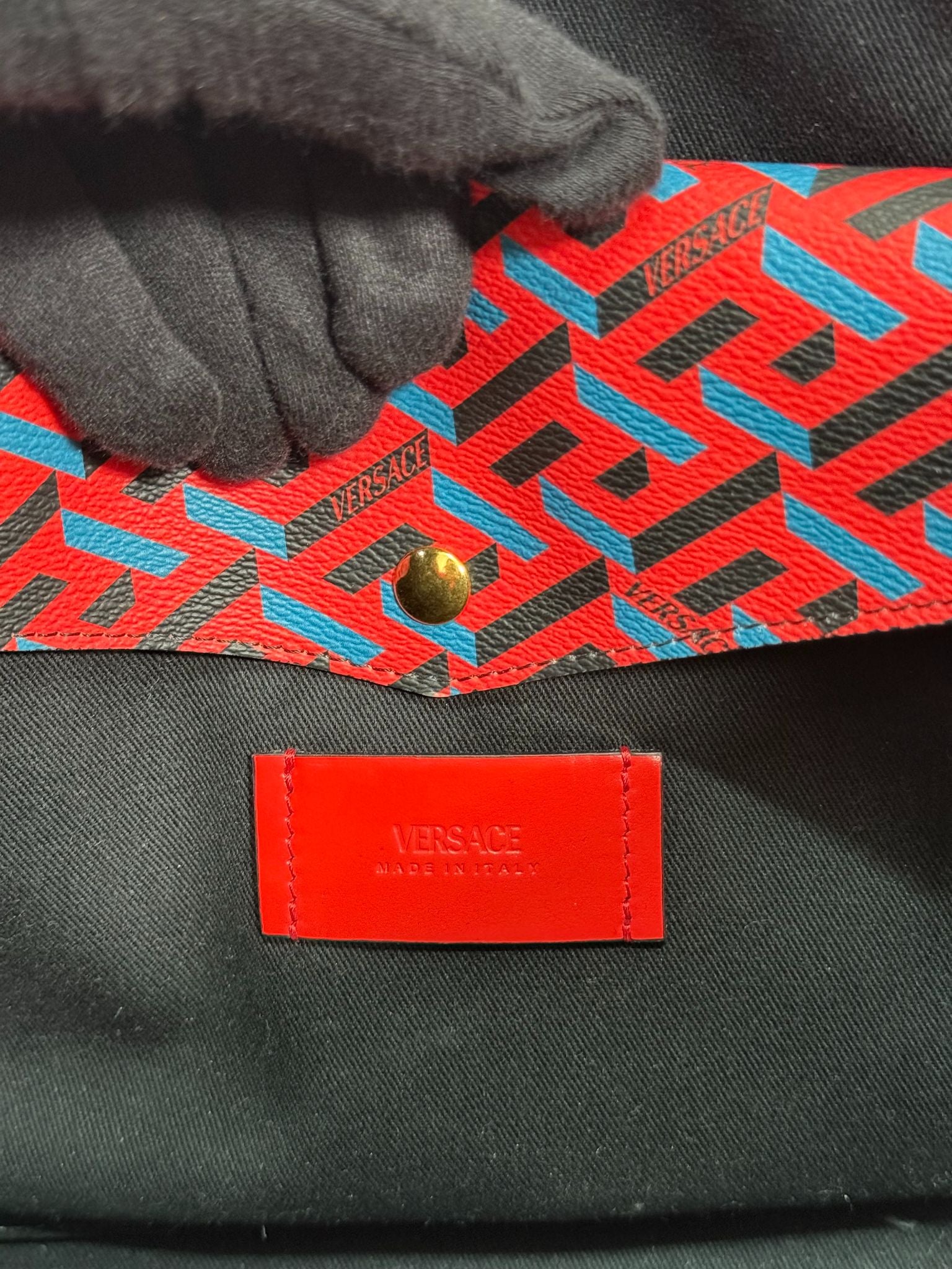 Versace Blue/Red Coated Canvas Calfskin La Greca Signature Tote Bag