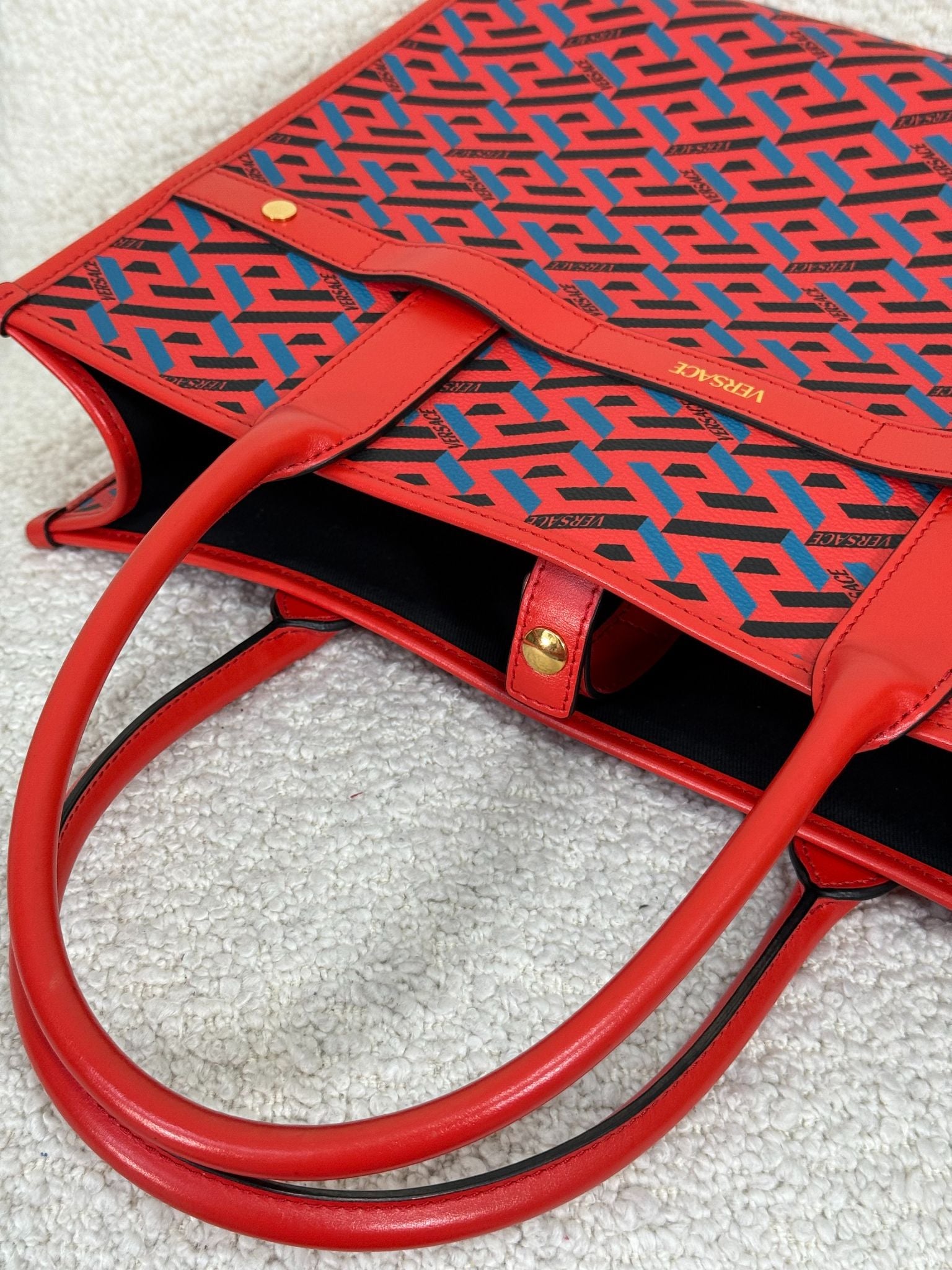 Versace Blue/Red Coated Canvas Calfskin La Greca Signature Tote Bag