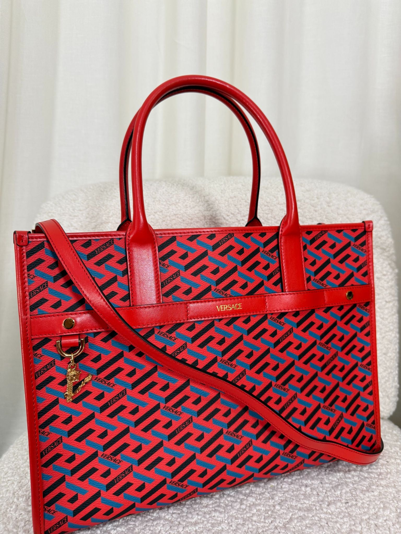 Versace Blue/Red Coated Canvas Calfskin La Greca Signature Tote Bag