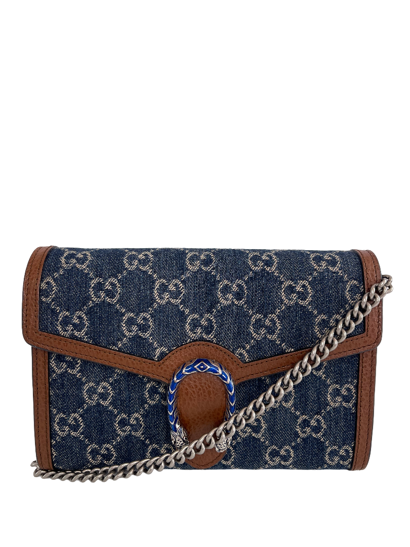 Gucci New Denim GG Monogram Mini Dionysus Wallet on Chain