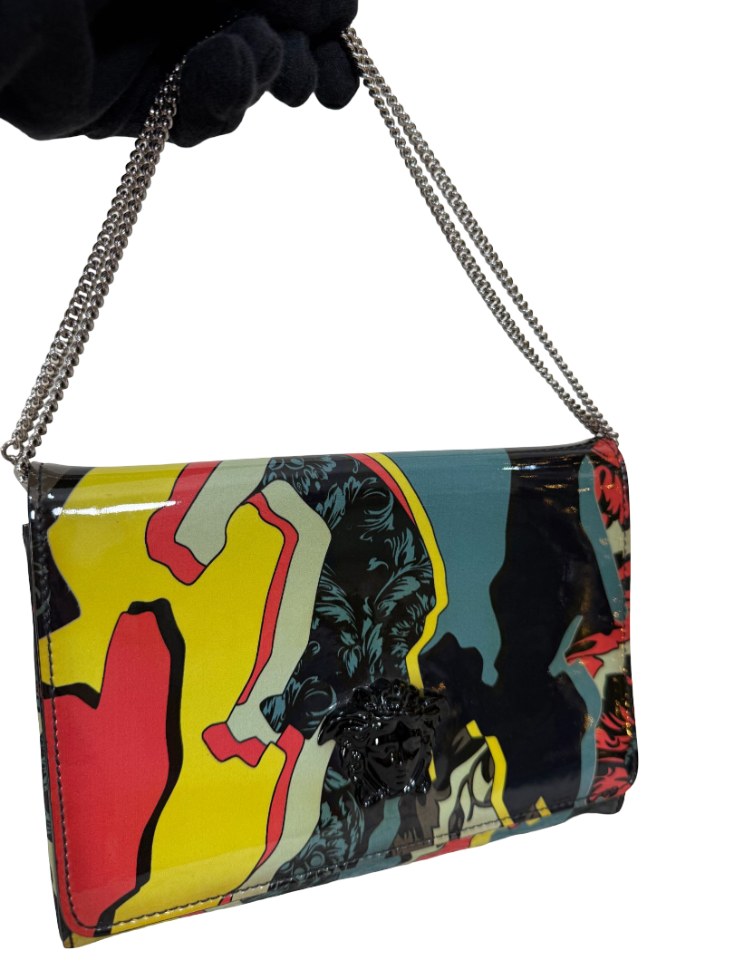 Versace Multicolored Abstract Print Patent Leather Wallet on Chain