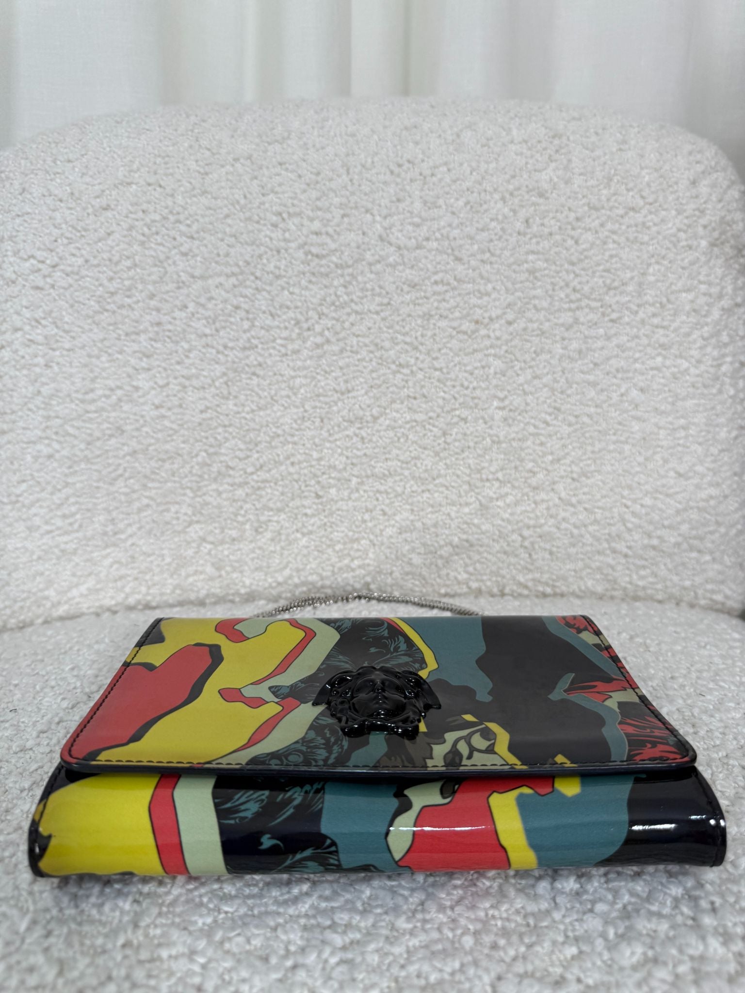 Versace Multicolored Abstract Print Patent Leather Wallet on Chain