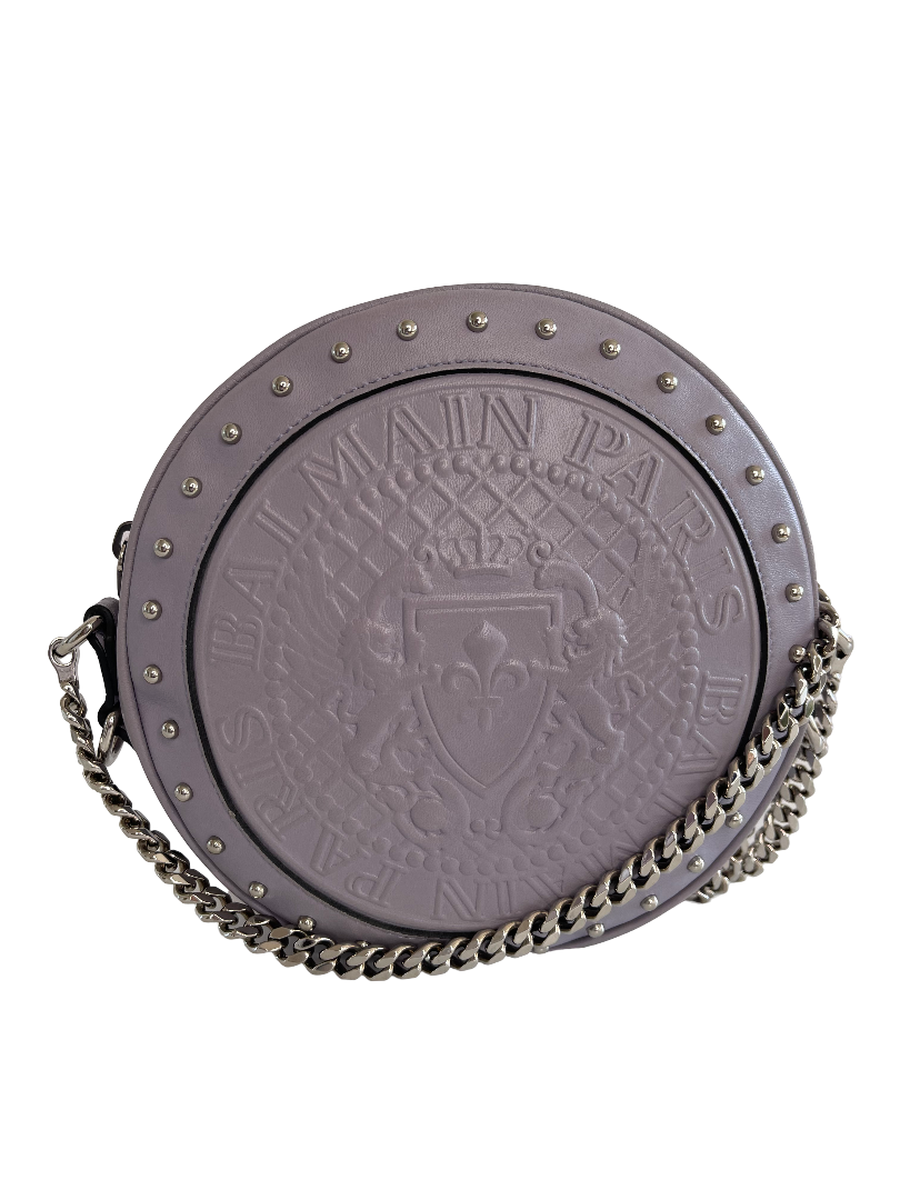 Balmain Disco Logo Embossed Grey Crossbody Bag
