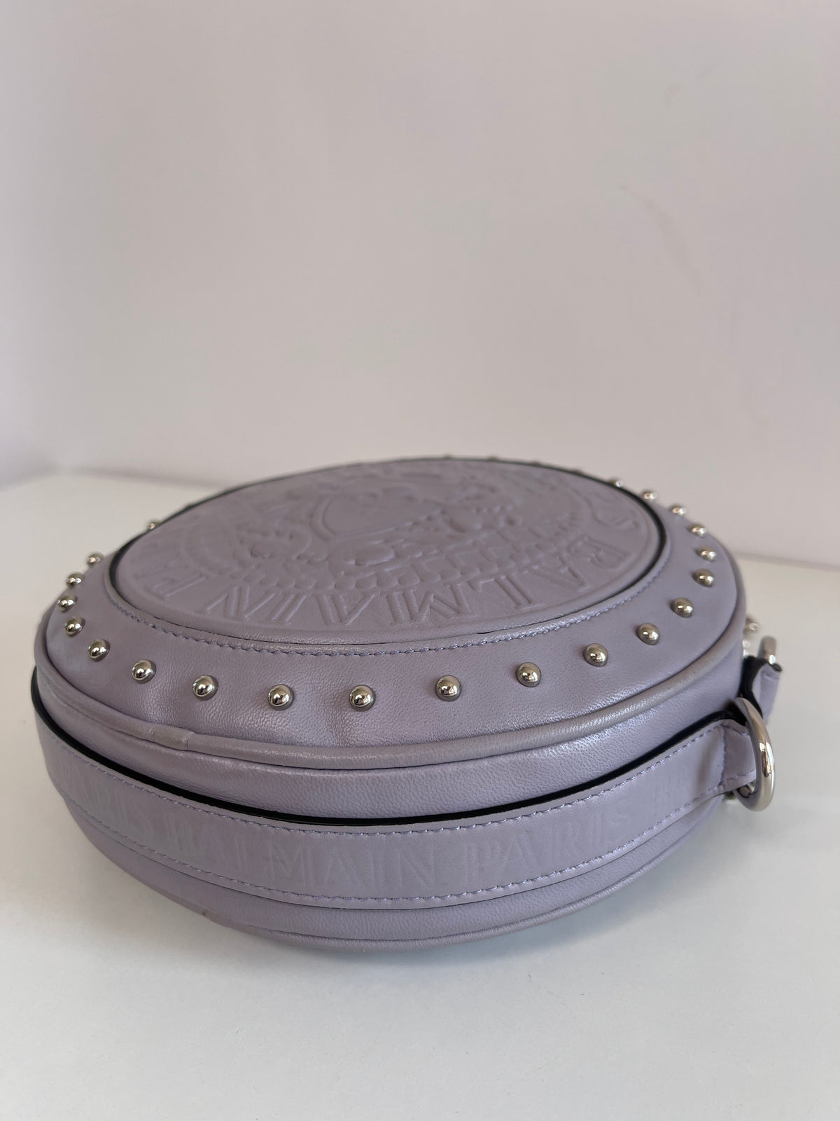 Balmain Disco Logo Embossed Grey Crossbody Bag
