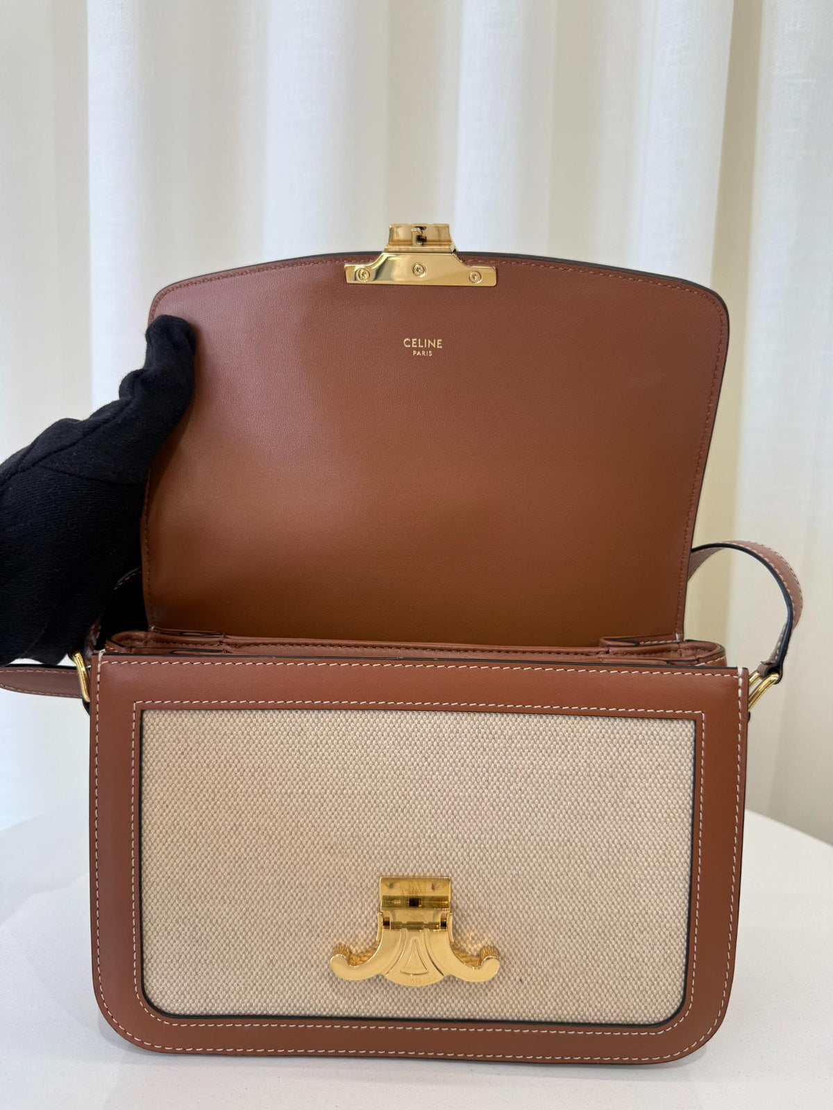 Celine Classique Triomphe Medium Textile and Calfskin Natural/Tan
