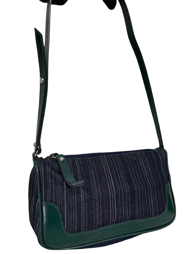Dolce Gabbana Green Leather/Stripey Denim Pochette
