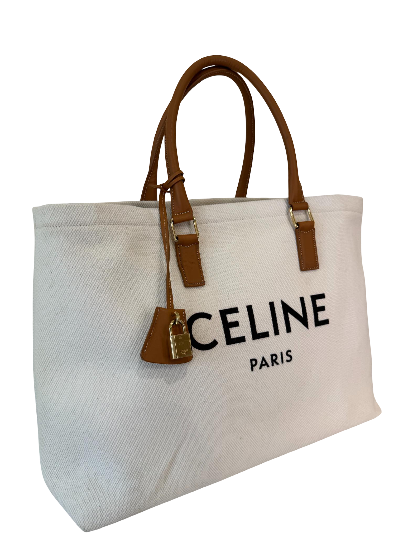 Celine Horizontal Cabas Canvas Tan Leather Trim Tote Bag