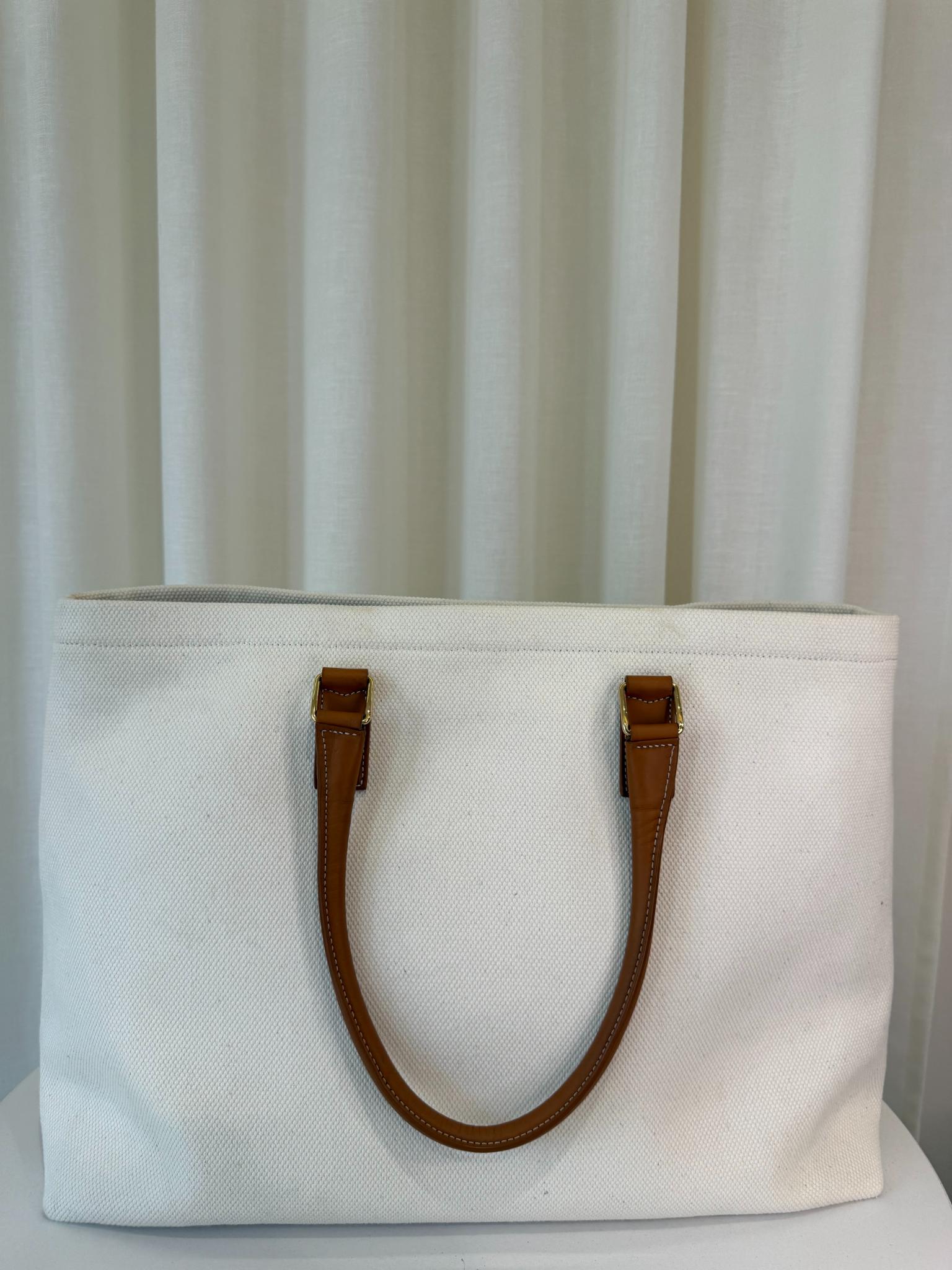 Celine Horizontal Cabas Canvas Tan Leather Trim Tote Bag