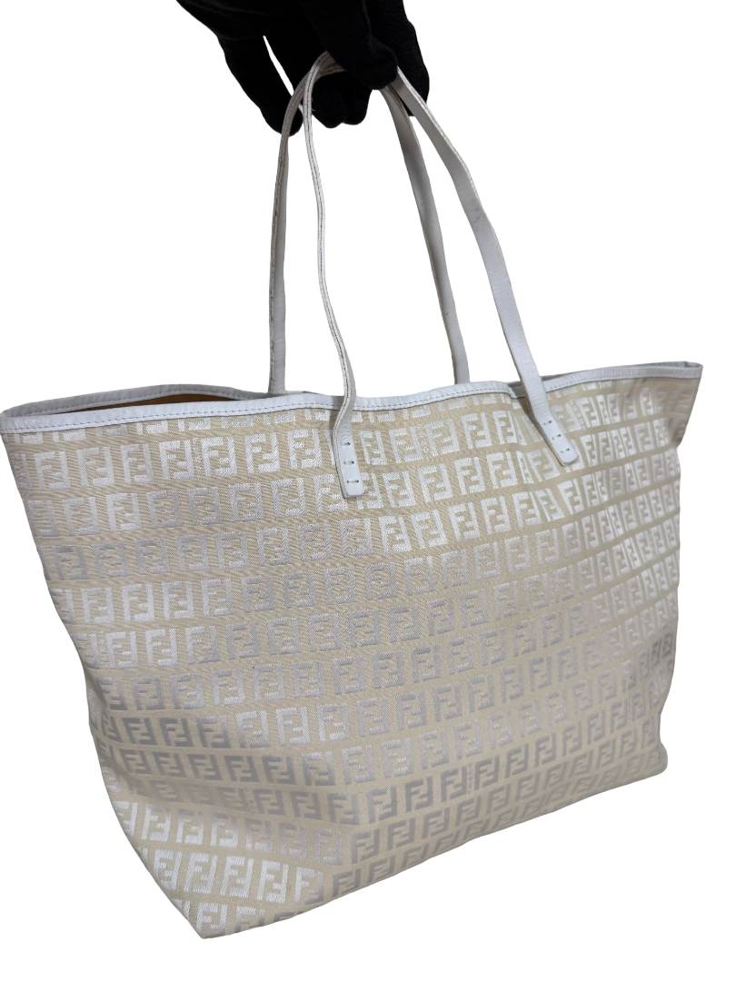 Fendi White Zucca Print Coated Canvas Medium Roll Tote Bag