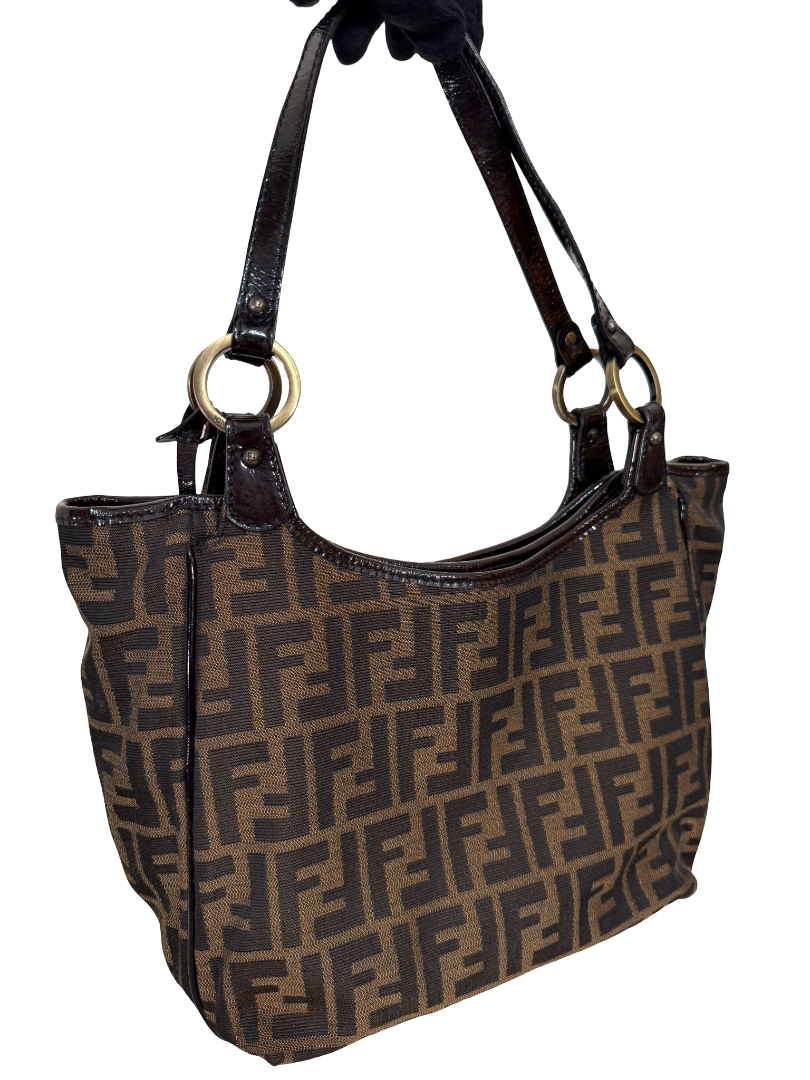 Fendi Chef Small FF Signature Zucca Tobacco Canvas Shoulder Bag