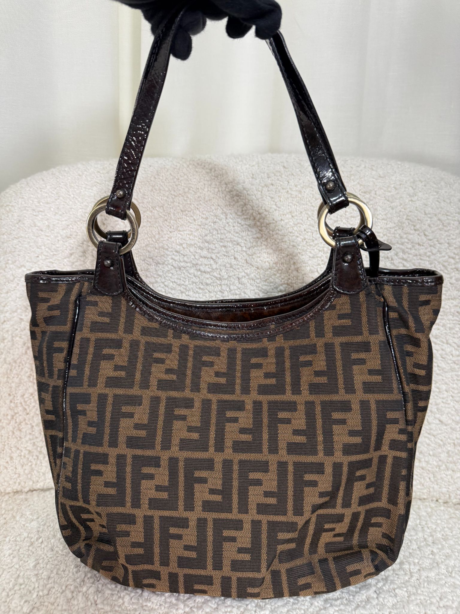 Fendi Chef Small FF Signature Zucca Tobacco Canvas Shoulder Bag