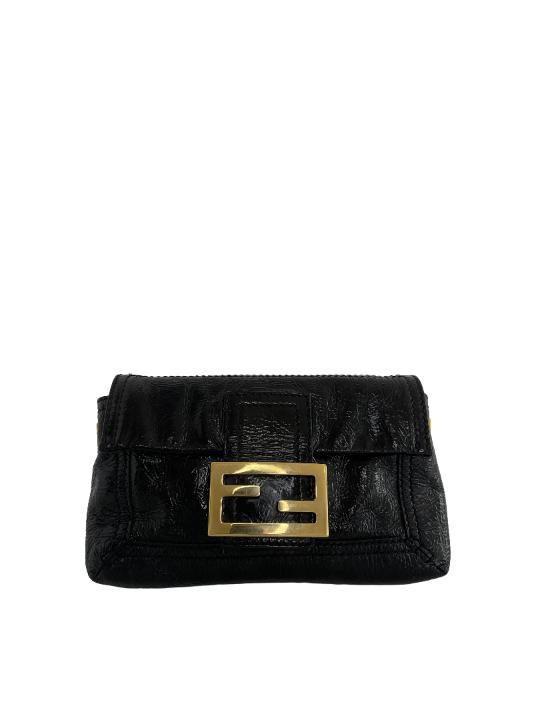 Fendi Black Crinkle Patent Leather Flap Mini Baguette