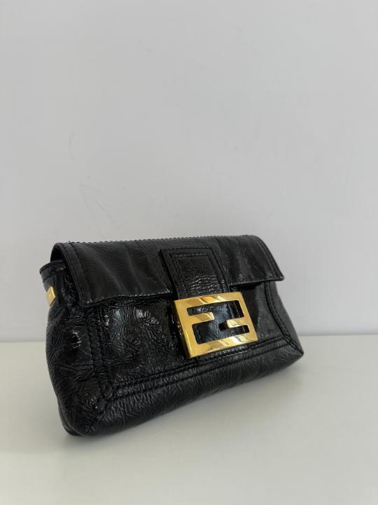 Fendi Black Crinkle Patent Leather Flap Mini Baguette