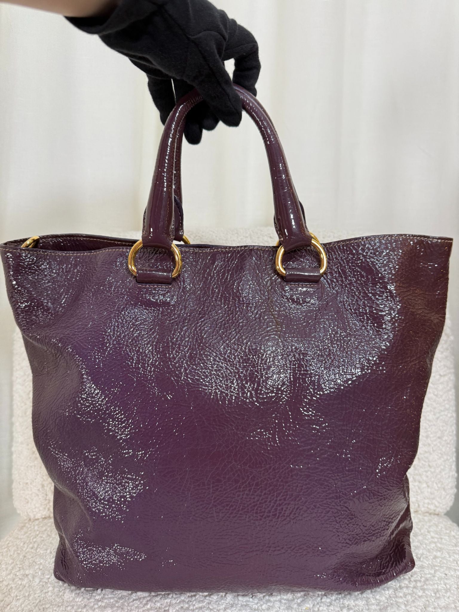 Prada Vitello Daino Purple Patent Leather Large Tote Bag