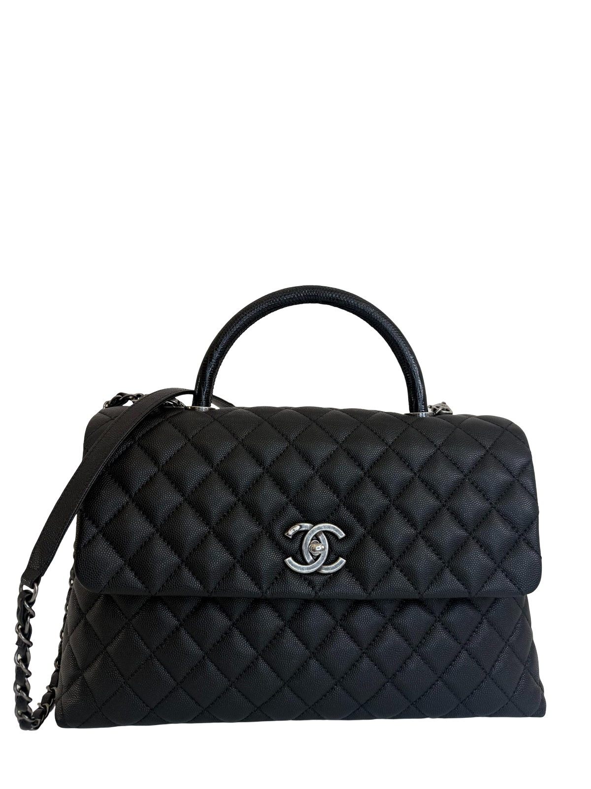 Chane Large Coco Handle Black Quilted Caviar Leather