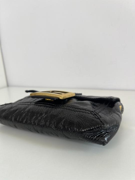 Fendi Black Crinkle Patent Leather Flap Mini Baguette