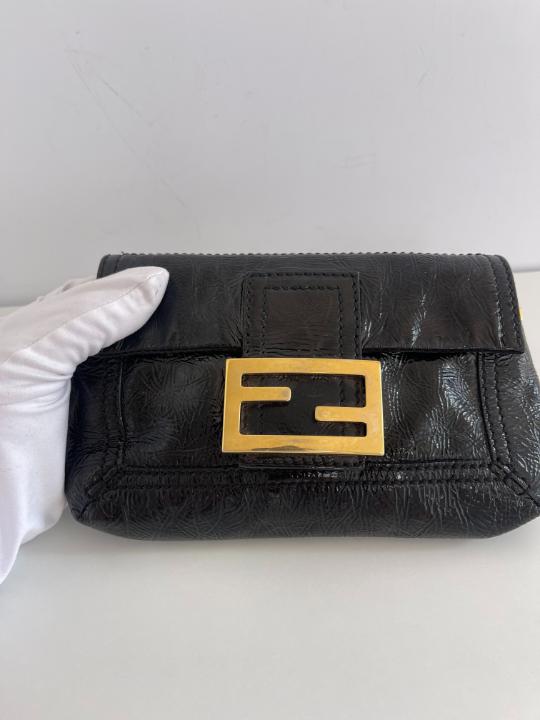 Fendi Black Crinkle Patent Leather Flap Mini Baguette