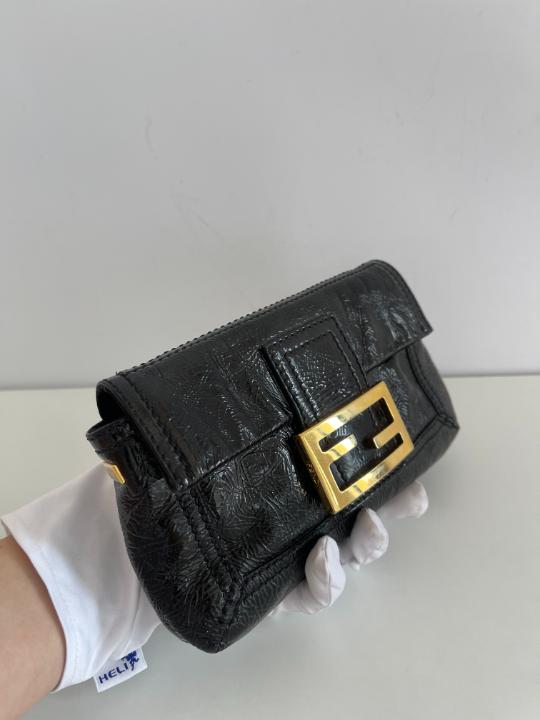 Fendi Black Crinkle Patent Leather Flap Mini Baguette
