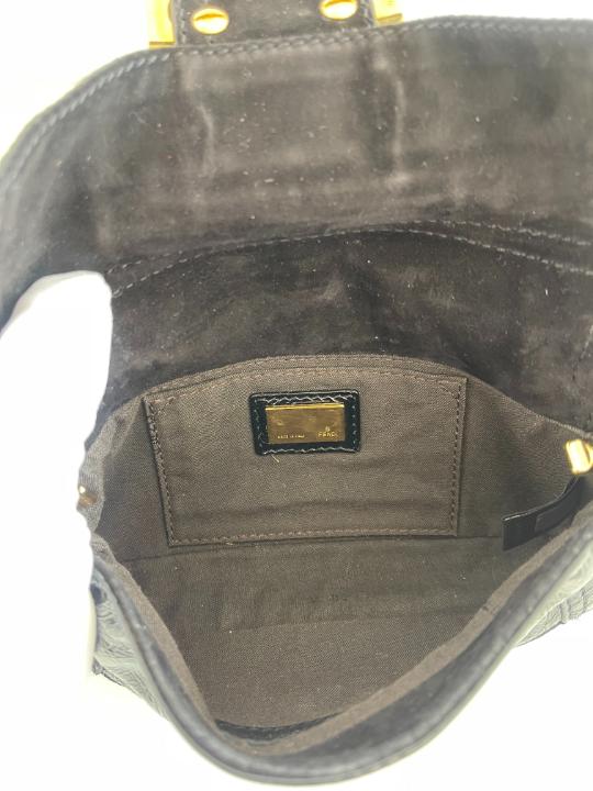 Fendi Black Crinkle Patent Leather Flap Mini Baguette