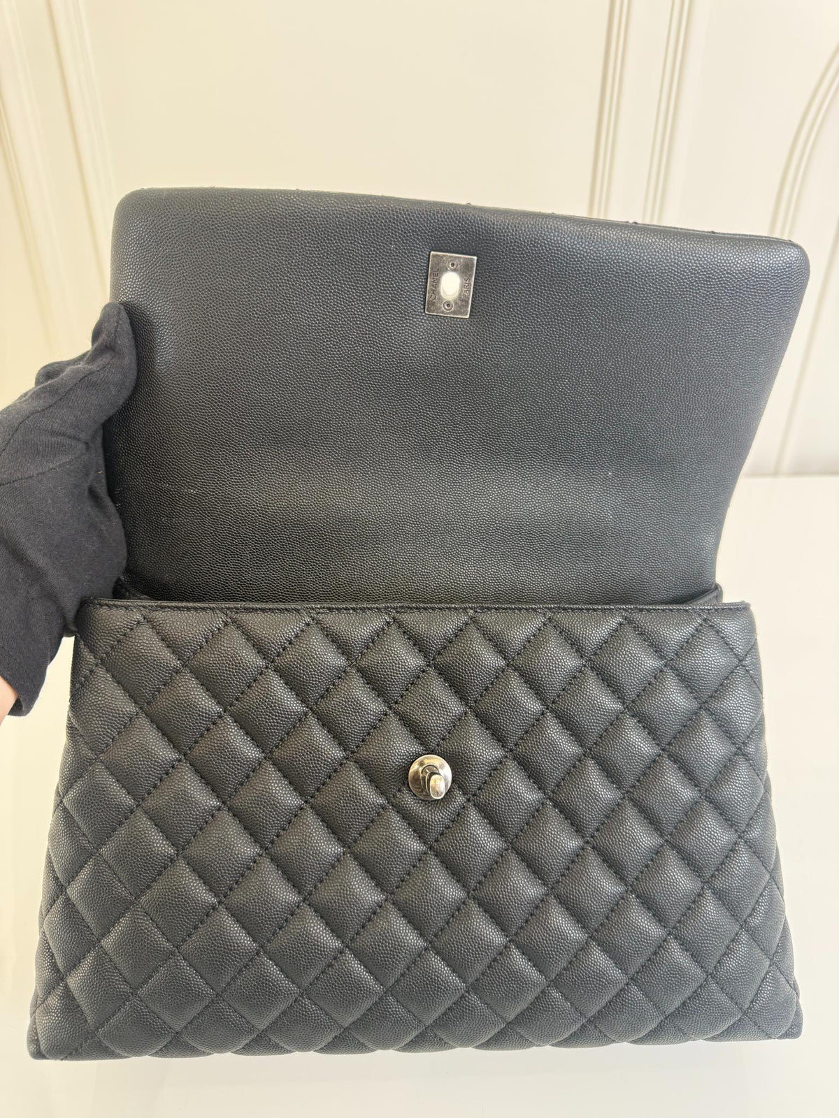 Chane Large Coco Handle Black Quilted Caviar Leather