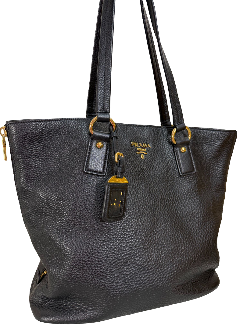 Prada Vitello Daino Leather Side Zip Tote Bag Black