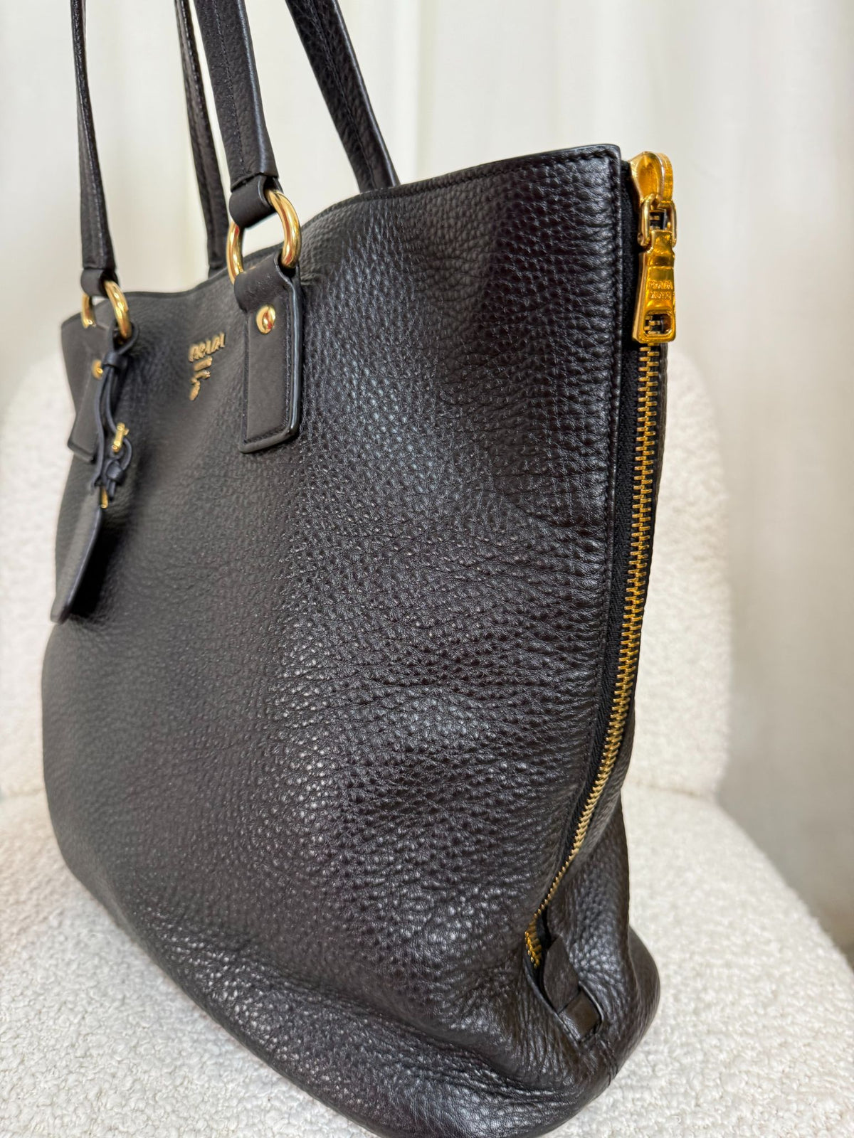Prada Vitello Daino Leather Side Zip Tote Bag Black