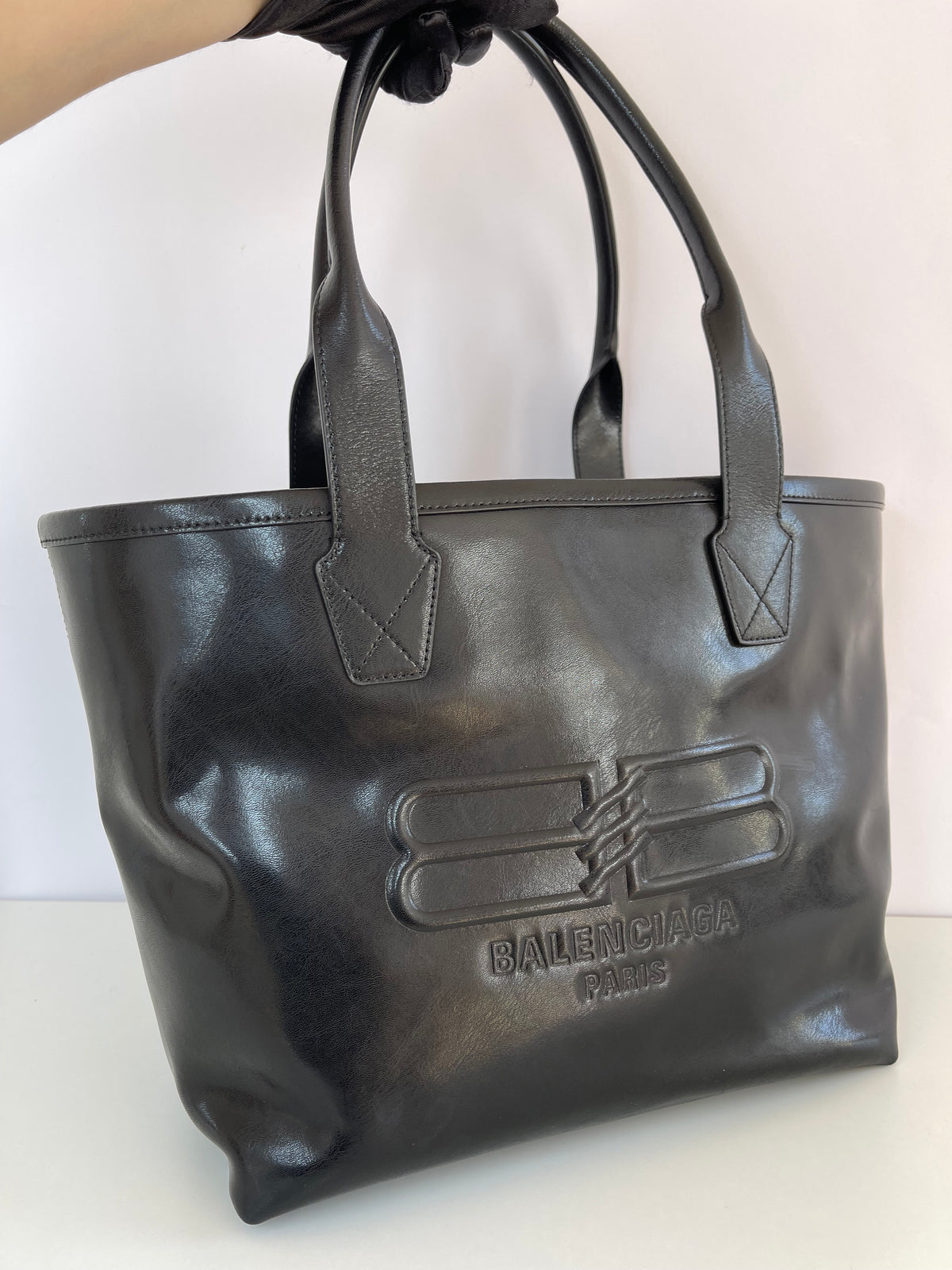 Balenciaga Embossed Logo Jumbo Leather Tote Bag Black