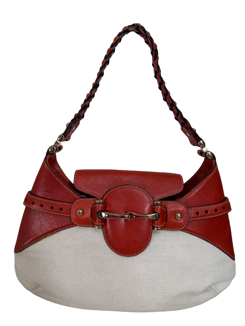 Gucci Horsebit Pelham Off White Canvas/Leather Shoulder Bag