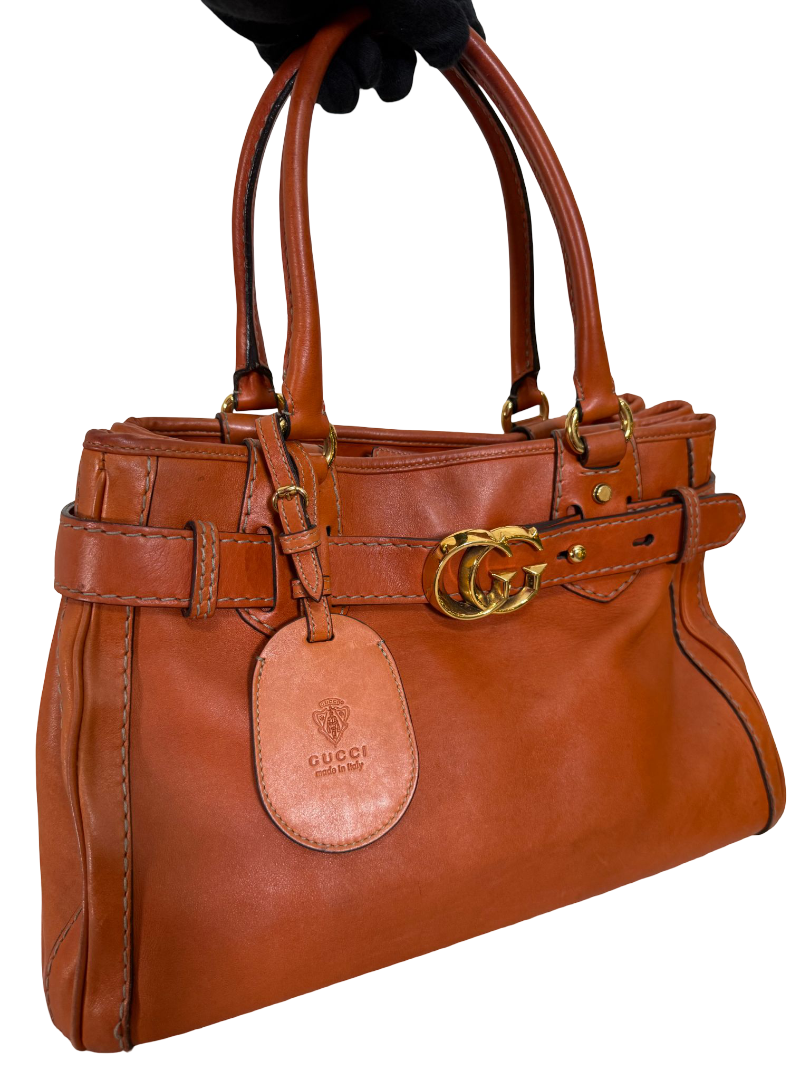 Gucci GG Running Orange Leather Medium Tote Bag