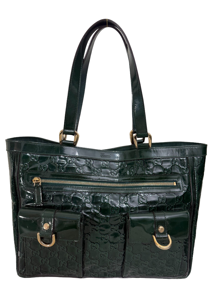 Gucci Dark Green GG Embossed Patent Leather Abbey Pocket Tote Bag