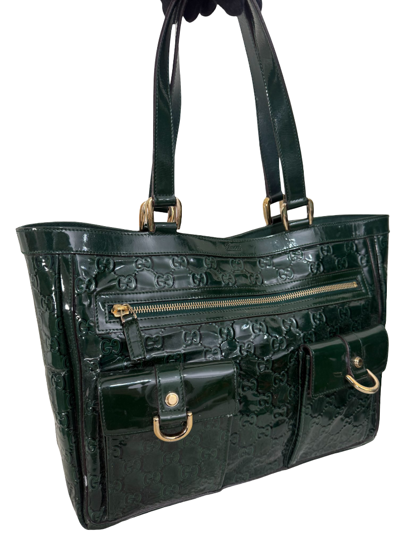 Gucci Dark Green GG Embossed Patent Leather Abbey Pocket Tote Bag