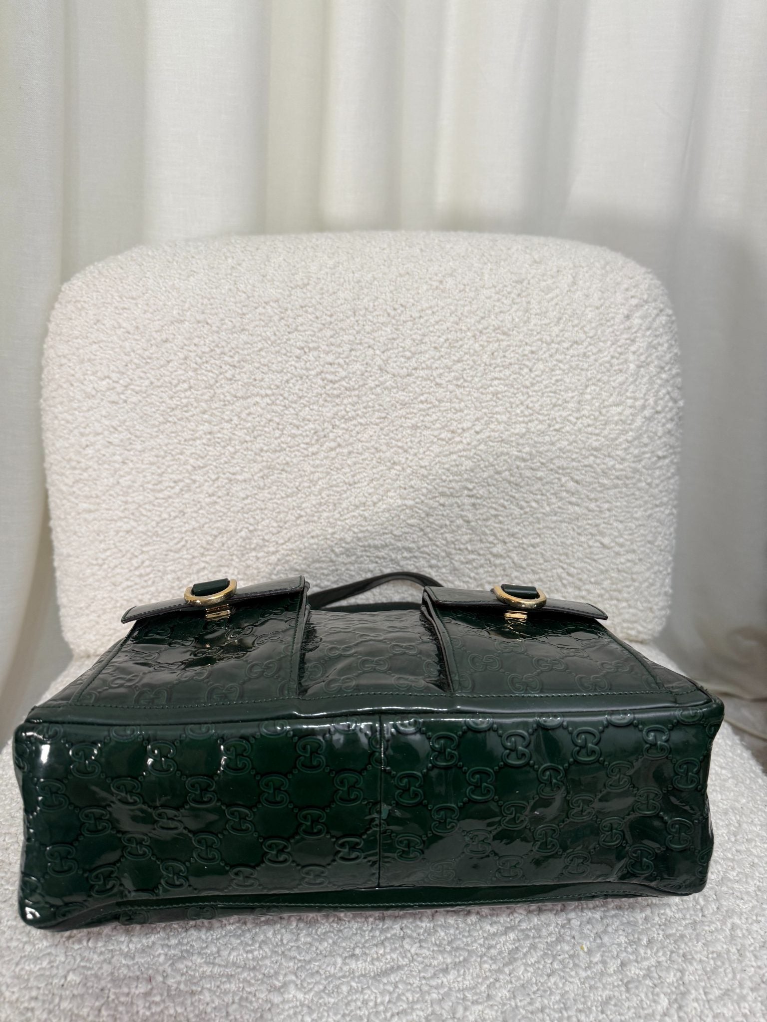 Gucci Dark Green GG Embossed Patent Leather Abbey Pocket Tote Bag