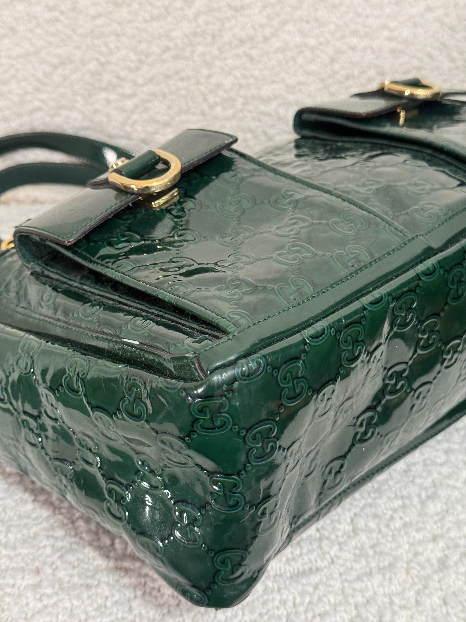 Gucci Dark Green GG Embossed Patent Leather Abbey Pocket Tote Bag