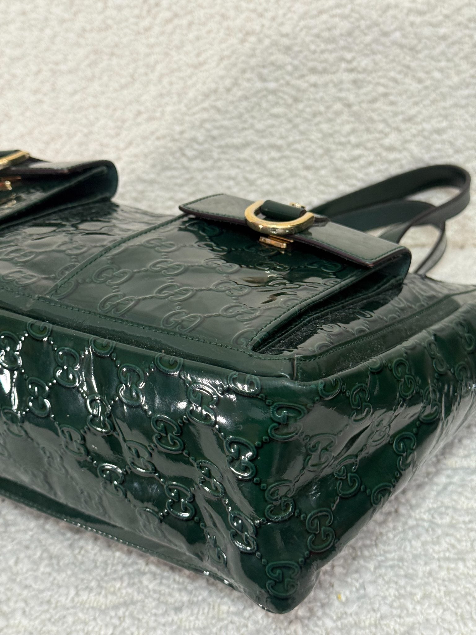 Gucci Dark Green GG Embossed Patent Leather Abbey Pocket Tote Bag