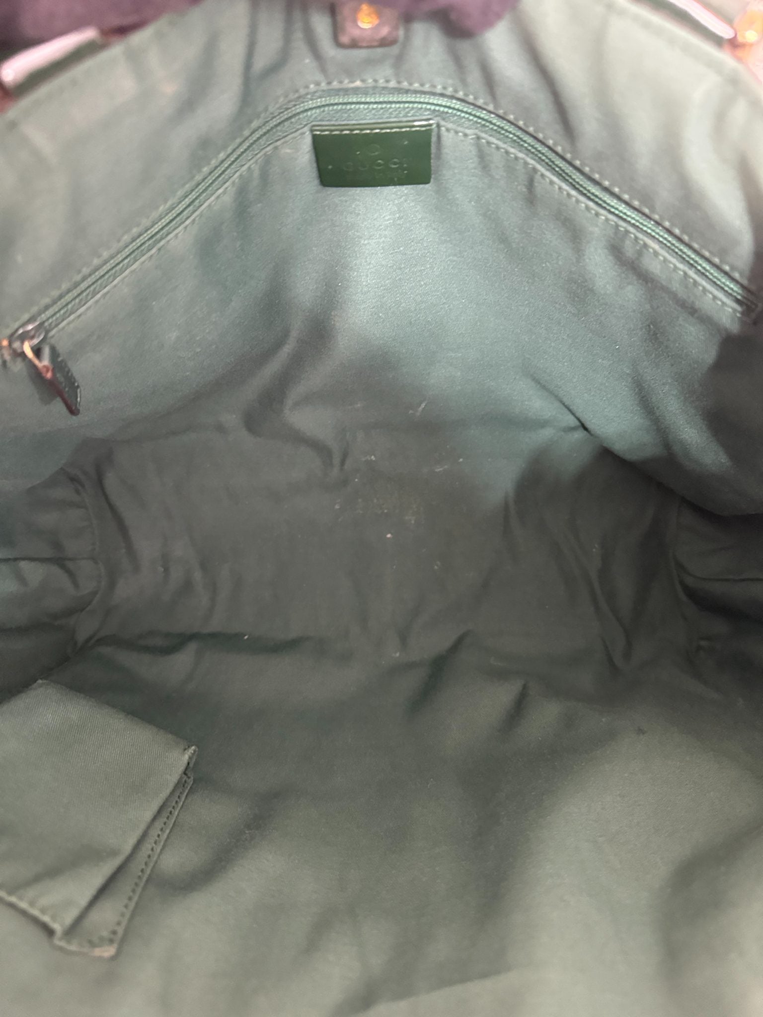 Gucci Dark Green GG Embossed Patent Leather Abbey Pocket Tote Bag