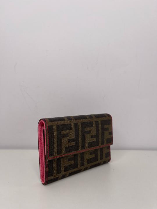 Fendi Vitello Elite Zucca Compact Wallet Tobacco Pink